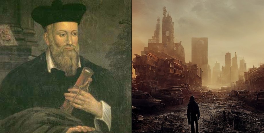 Портрет Нострадамуса рядом с апокалиптическим городским пейзажем, отражающим трактовки его предсказаний