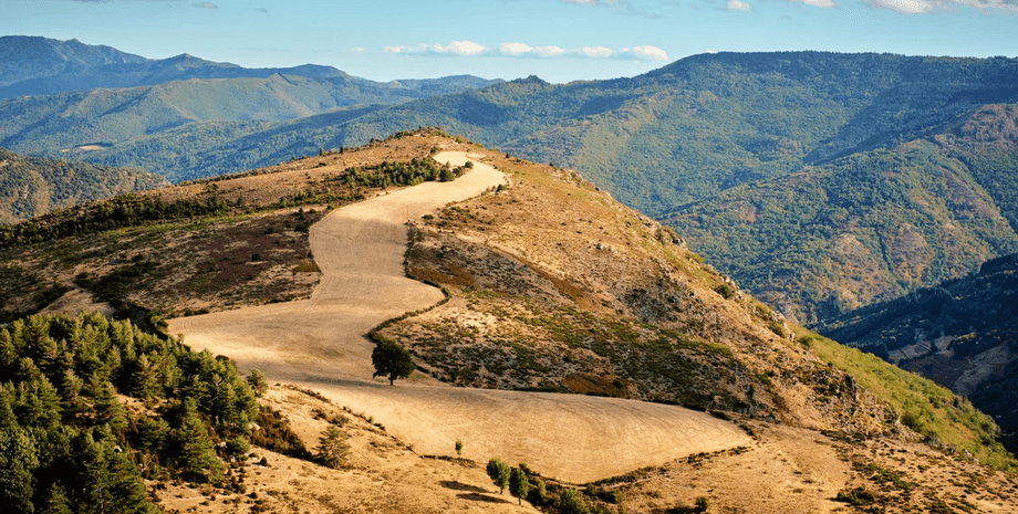 Звивиста дорога серед пагорбів, поруч із місцем, де стався інцидент із велосипедистом