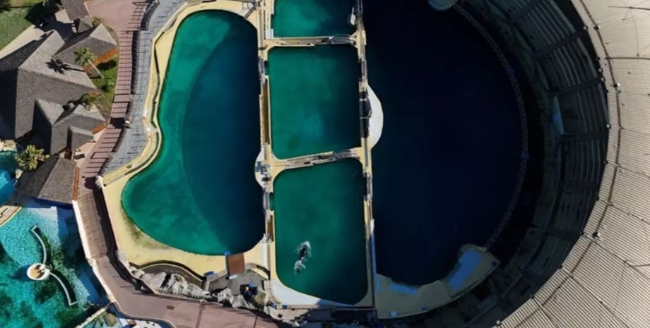 Снимок, показывающий пустые бассейны Marineland в Антибе, где заперты две косатки