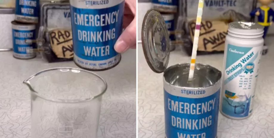 Вода для екстрених випадків, консервована вода, банка з водою, аварійний раціон, артефакт із минулого, 70 років воді, тест води