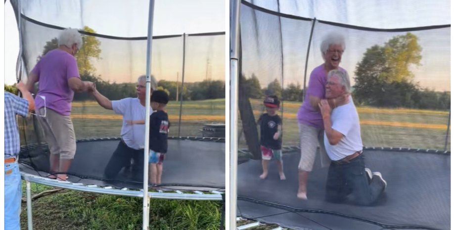 Пожилая пара с их правнуком стали звездами сети, ловко прыгая на батуте