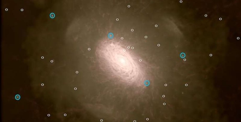 Млечный путь со спутниковыми галактиками - ультратусклыми (белого цвета) и яркими (синего цвета). Компьютерная симуляция: Durham University, Heidelberg Institute for Theoretical Studies, Max Planck Institute for Astrophysics