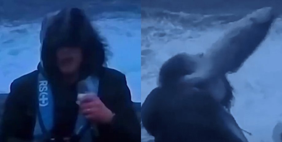 Сильный шторм, метеоролог, репортер, погода, ведущий, море, ударила рыба, сбил с ног, рыба, сильный ветер, оператор
