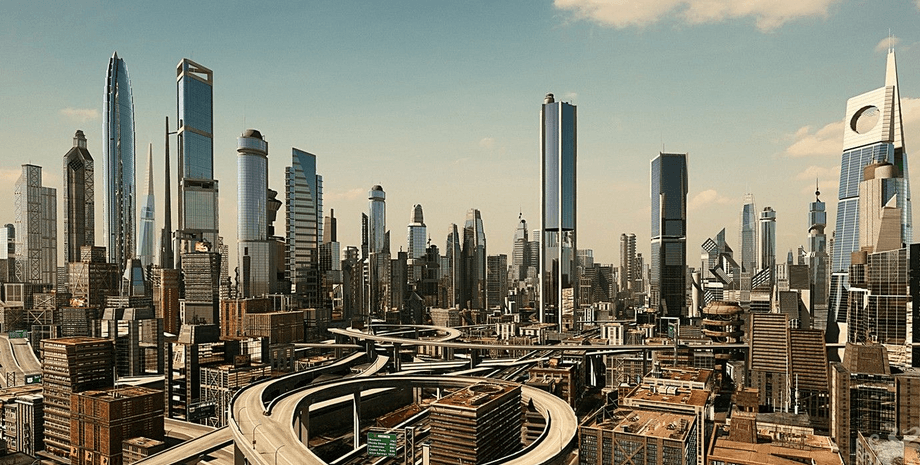 Город будущего, предсказания будущего, город машин, много автомобилей, скоростные трассы, центр города, газеты 1924 года