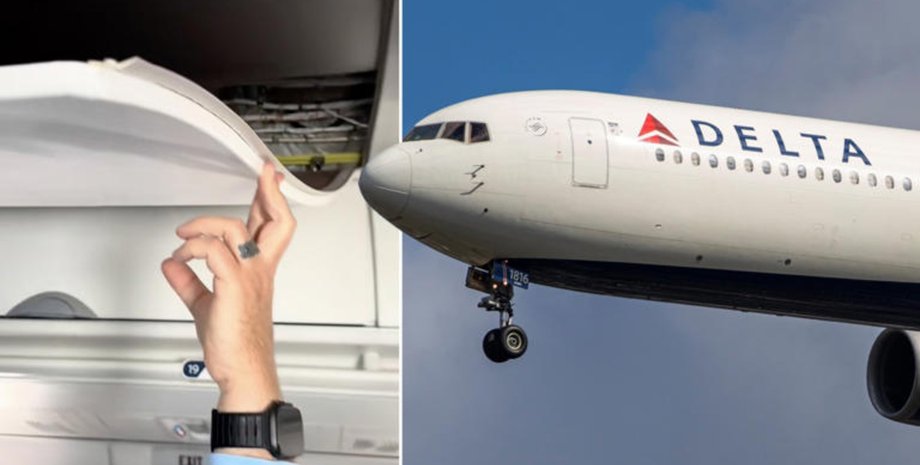 Самолет Delta, авария, часть потолка, пассажиры держат потолок, панель, неполадка в самолете, неполадки в воздухе,