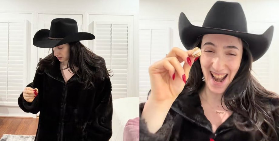 Мешканка Лос-Анджелеса приміряє чорне пальто зі штучного хутра і показує каблучку, знайдену в кишені одягу