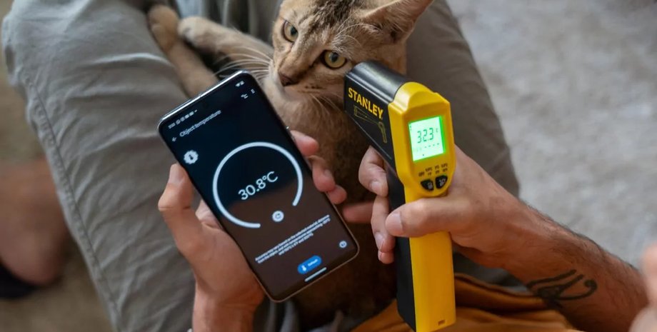 Google Pixel 8 Pro, смартфон, кот, термометр