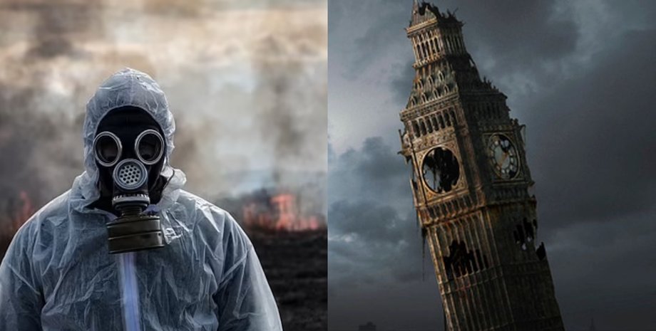 Людина в протигазі та зруйнований Біг-Бена на тлі похмурого неба, що символізує можливу світову катастрофу