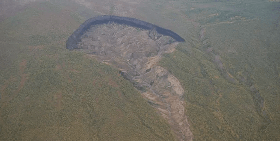Кратер в Сибири, Пасть в ад, кратер вечной мерзлоты, бьют тревогу, таяние ледников, глобальное потепление, горная порода, лес, вечная мерзлота