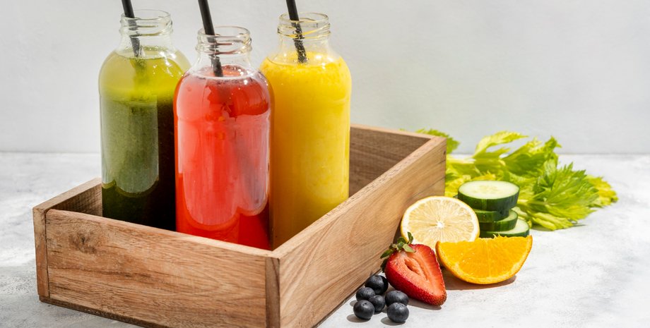 Бутылки с соком в деревянном ящике