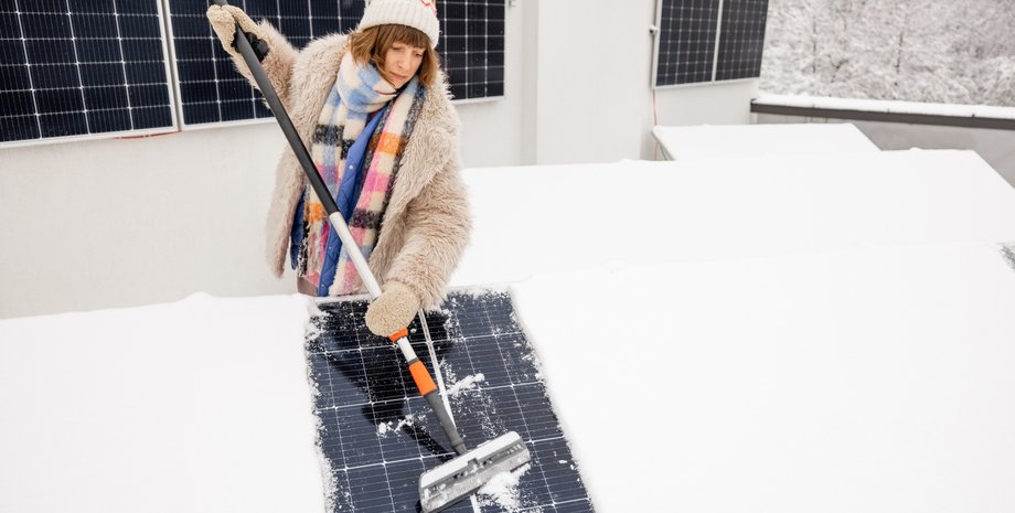 Жінка чистить сонячні панелі від снігу