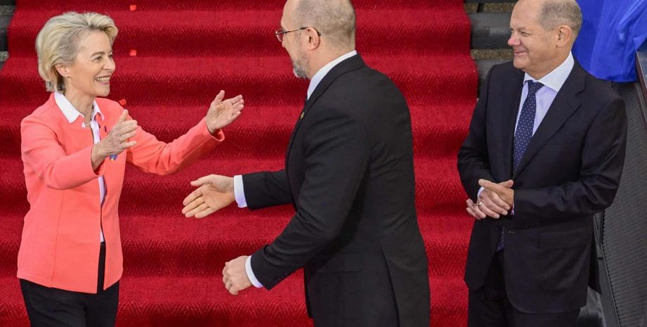 урсула фон дер ляйен, денис шмыгаль, олаф шольц, берлин, ес, поддержка украины