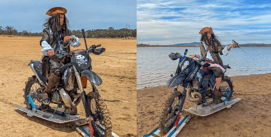 Мотоцикл едет по воде, водный мотоцикл, необычный мотоцикл, байкер собрал мотоцикл, едет по воде, из кровати и скотча,