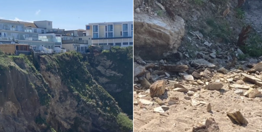 Курортный город падает в море, скала рухнула на пляж, обвал, оползень в курортном городке Ньюквей, Великобритания