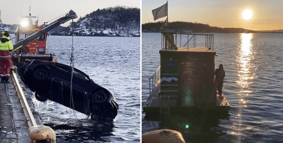 Машина слетела в воду, Tesla, плавучая сауна, сауна на воде, спасли людей, выбрались с салона, фьорд, упала в воду