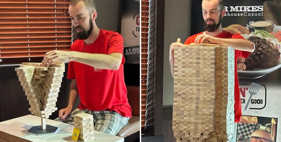 Чоловік складає Дженгу