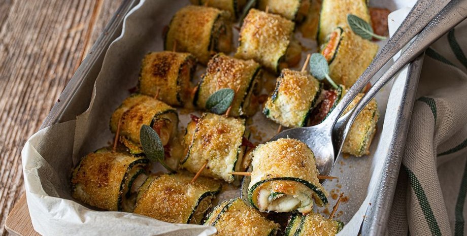 Запеченные рулетики из кабачков, кабачки рецепт, кабачки простой рецепт