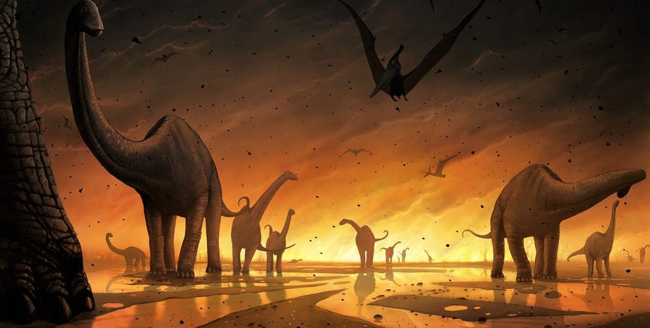 динозавры, дым, огонь, удар, иллюстрация