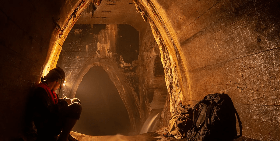 Підземна галерея з арковим склепінням, невеликим водоспадом і обладнанням для спуску в дренажній системі Києва