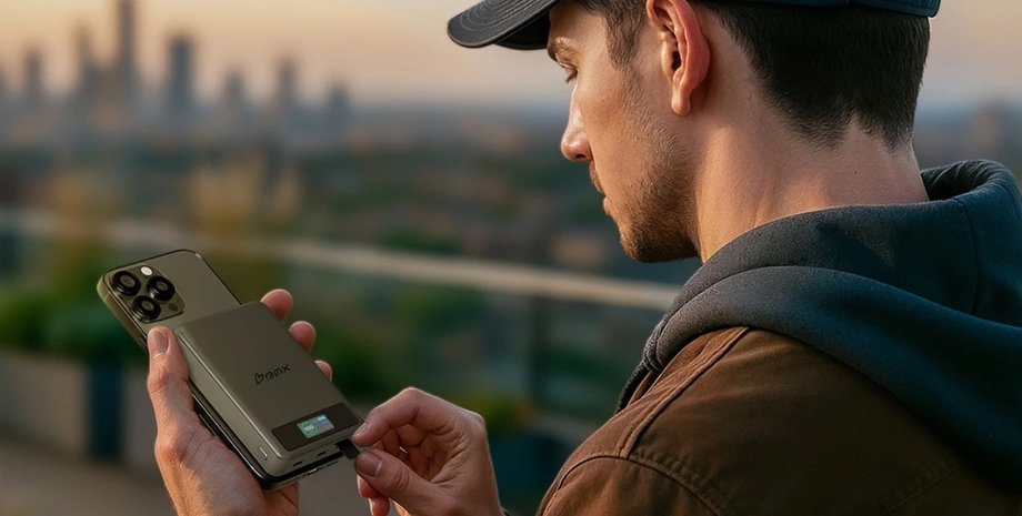 Чоловік заряджає смартфон твердотілим повербанком BMX SolidSafe 5K