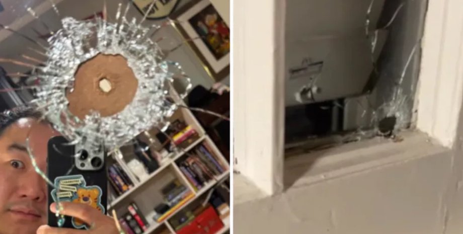 Мужчина увернулся от случайной пули, выстрел, стрельба, пуля попала в зеркало, шальная пуля, книжный шкаф, случайная пуля попала в дом