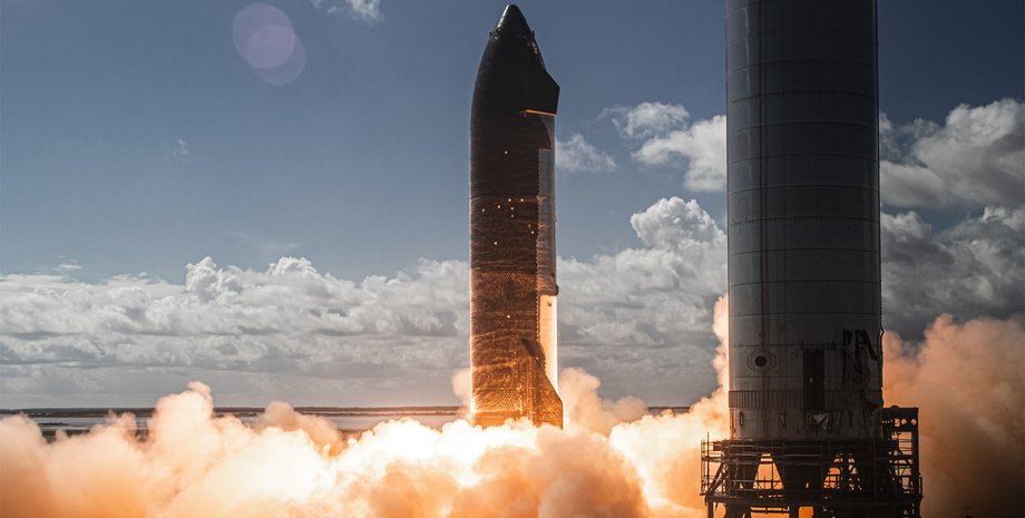 ракета-носитель Starship, дым, небо, фото