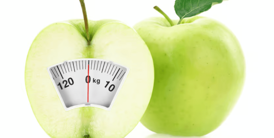 лишний вес, весы, яблоко