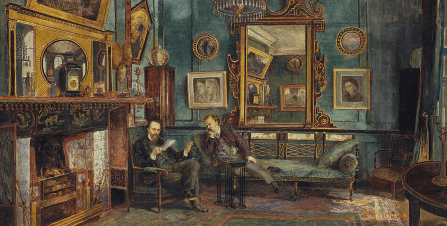 зеленые обои, викторианская эпоха, камин, джентльмены, портреты