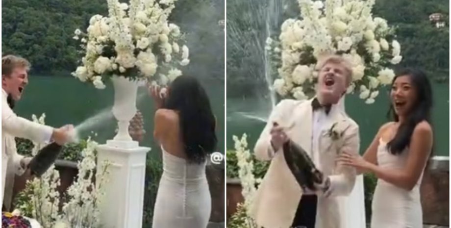 Жених облил невесту шампанским, курьезы на свадьбе, брак, церемония бракосочетания, видео, приколы, скандал