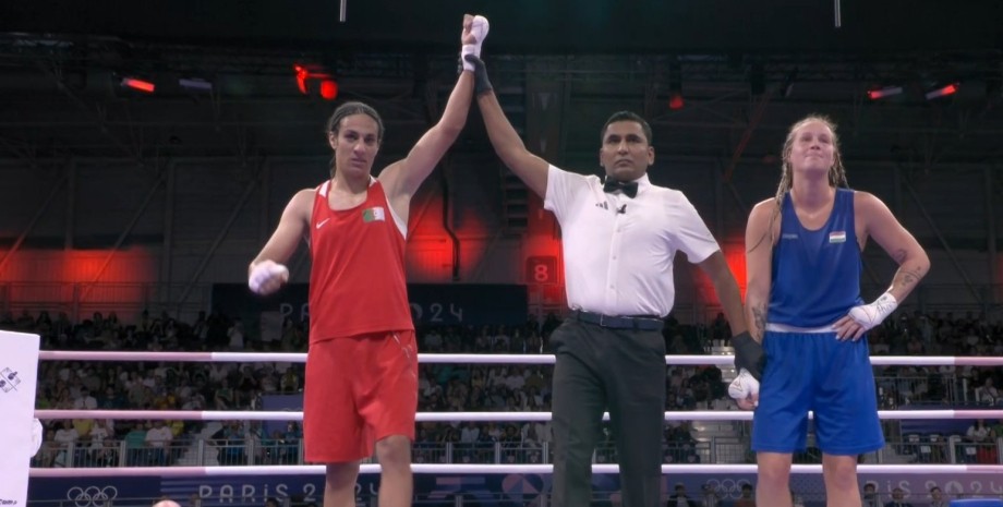 Алжирська спортсменка Іман Хеліф і боксер з Угорщини Лука Анна Хаморі Іман Хеліф, боксери, Лука Анна Хаморі, ринг, Олімпіада, перемога