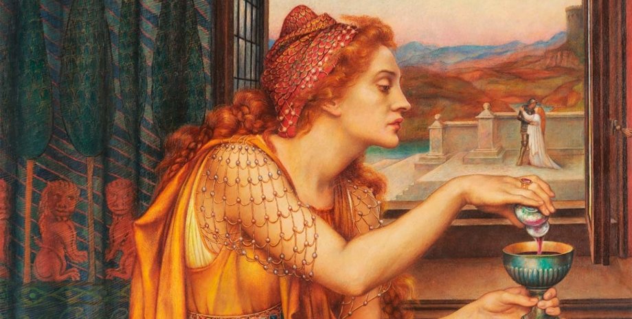Деталь картины Эвелин де Морган "Любовное зелье" (1903) яд, смерть, отравление, царь, иммунитет, смерть, митридатизм, лечение, антидот, токсин, правитель, античность, ингредиент