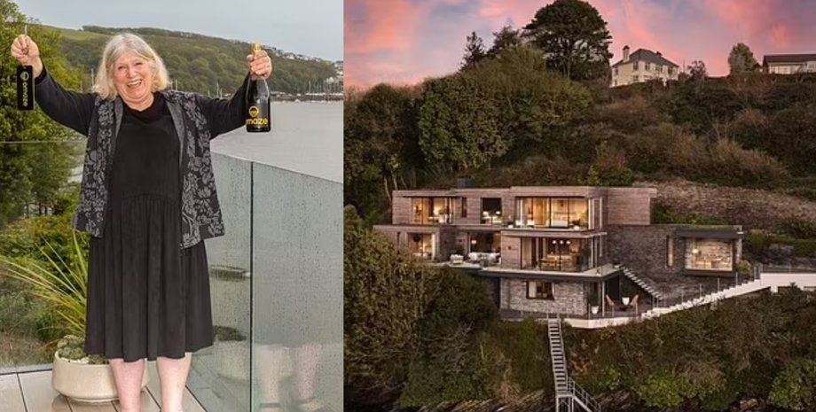 Женщина выиграла дом, женщина, дом, особняк, шампанское, река, на берегу реки, дорогой особняк,