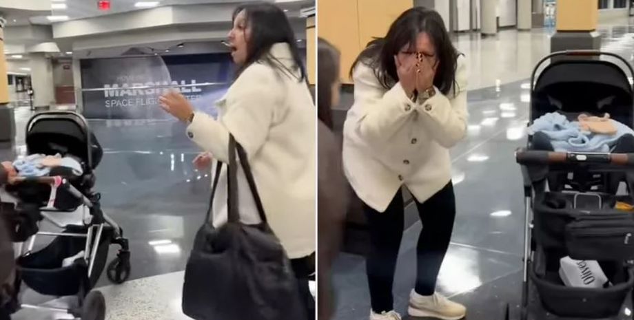 Реакция бабушки на двух внуков, которых дочери привезли ей во время встречи в аэропорту, видео, смешные истории, США