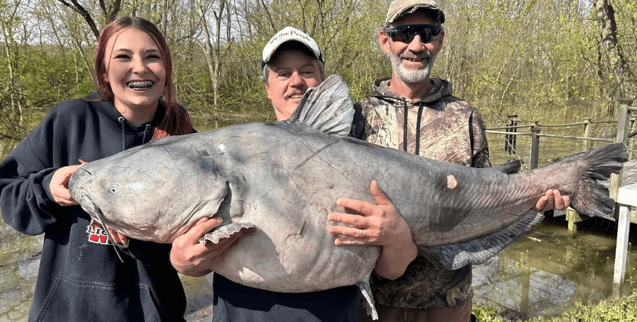 Девочка поймала огромного сома, большая рыба, рекорд штата