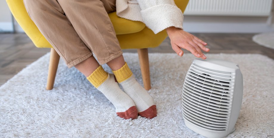 Девушка греется возле электрического обогревателя