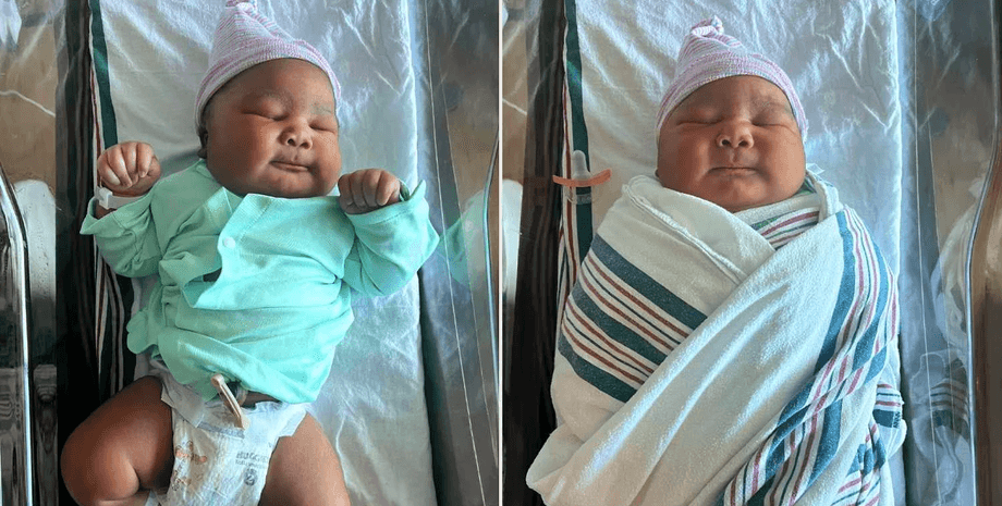 Хлопчик вагою близько 14 фунтів: ліворуч — у сорочечці, праворуч — у пелюшці