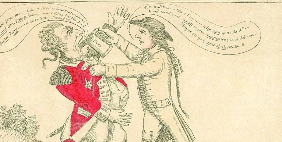 Брат Джонатан нападає на Джона Булла - символ британців - з флягою грушевого морсу на цій карикатурі Амоса Дуліттла з Коннектикуту, 1813 р. Історія Дядька Сема, Походження брата Джонатана, Карикатури Томаса Наста, Американські знакові символи, Еволюція дядька Сема, Багаторасовий Дядько Сем, Американські політичні карикатури, Трансформація національних символів