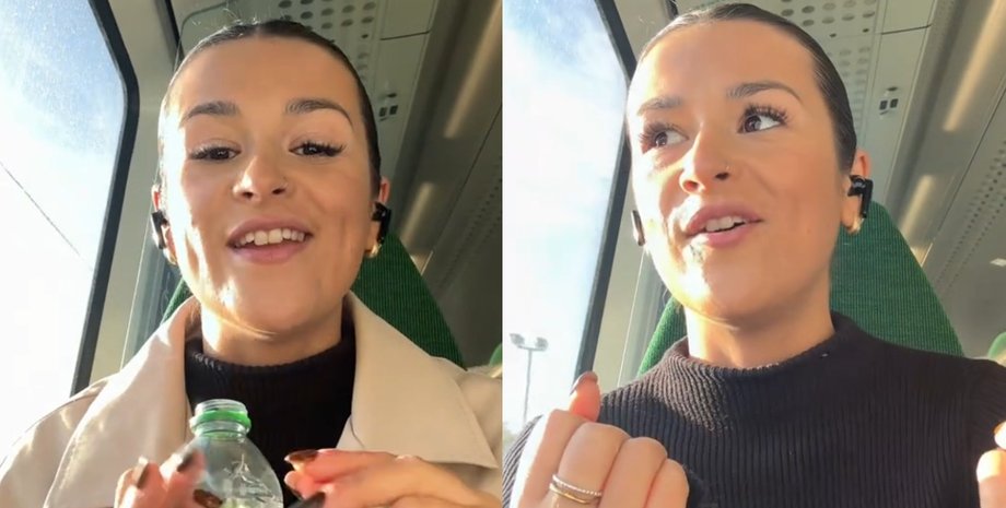 Жінка з Великої Британії в поїзді ділиться історією про продаж крекеру і сміється, знімаючи відео