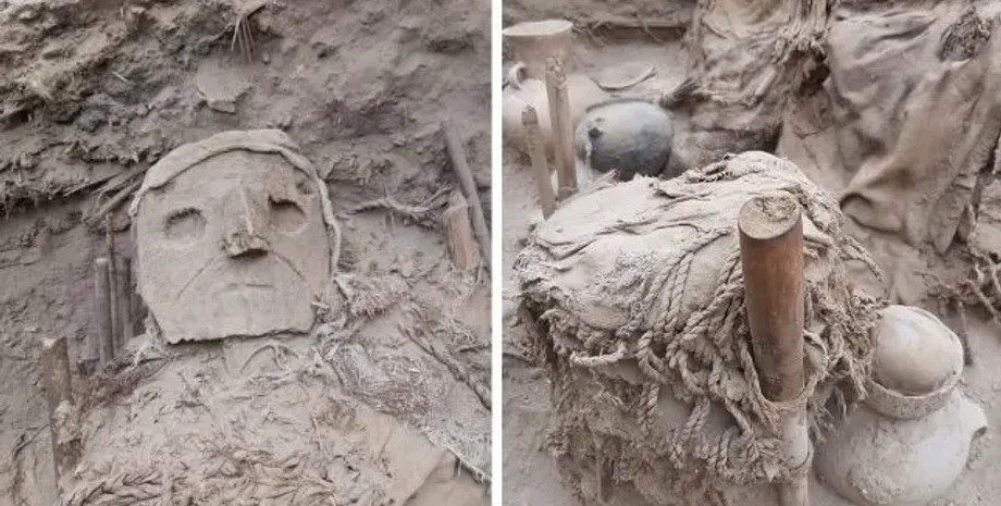 Археологічна пам'ятка Пачакамак, цивілізація Варі, поховальні пакунки, давні андські ритуали, доіспанські Анди, перуанська археологія, різьблені маски, культурна спадщина, андська історія, вірування предків