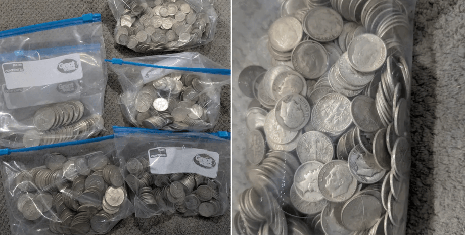 Серебряные монеты США в пластиковом пакете, обнаруженные после падения ящика с потолка во время ремонта дома
