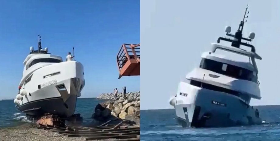 Яхта начала тонуть через несколько секунд после спуска на воду Роскошная яхта переворачивается и уходит под воду сразу после спуска