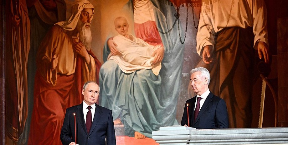 Путин Собянин богослужение Пасха костюмы храм Москва монтаж