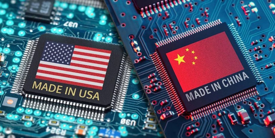 чипы, процессоры, флаг КНР, флаг США