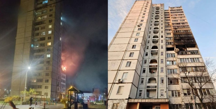 Горит поврежденная квартира после попадания дрона "Шахед", утром видны обгоревшие и разрушенные этажи