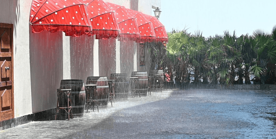 Дождливая улица, улица, ресторан, кафе, дождь, климат контроль, Дубай, погода