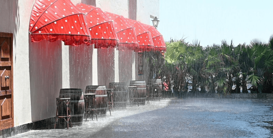 Дощова вулиця, вулиця, ресторан, кафе, дощ, клімат контроль, Дубай, погода