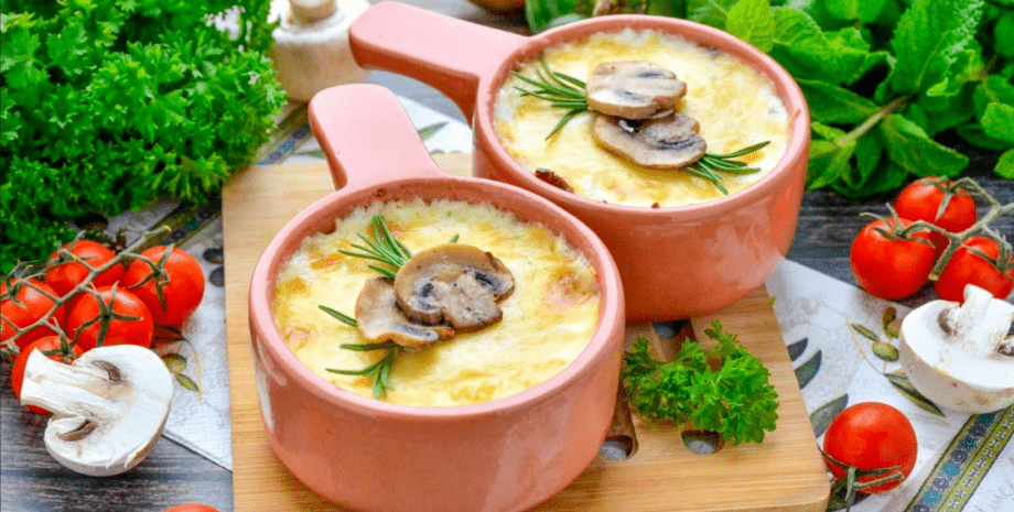 Жульен жульен, грибы, зелень, помидоры, еда, блюдо