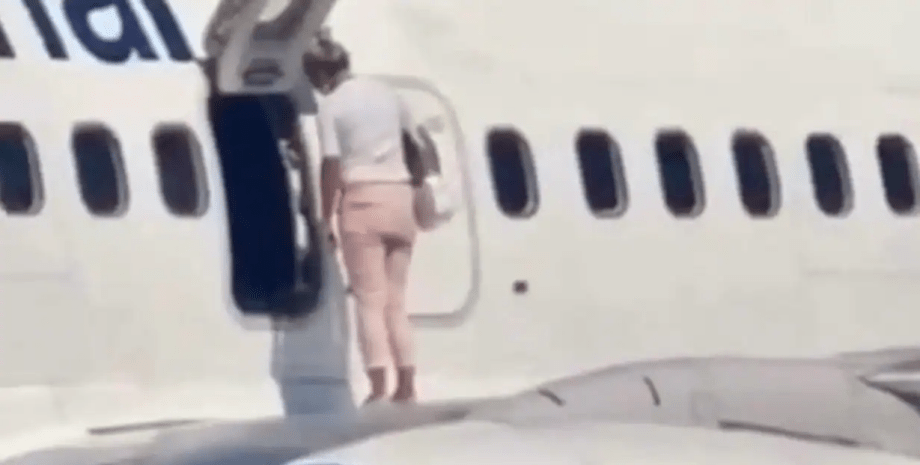 Женщина вышла на крыло самолета, посадка самолета, аэропорт, курьезы в аэропорту, вызвали полицию, возвращалась из отпуска