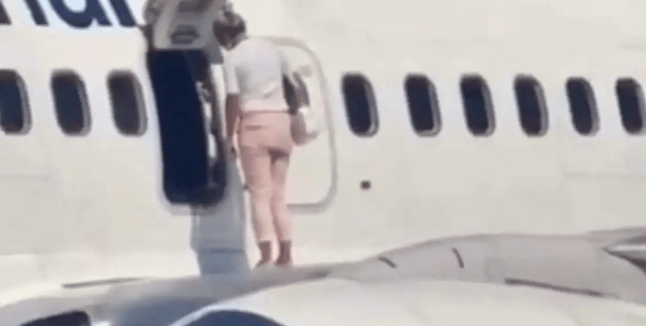 Женщина вышла на крыло самолета, посадка самолета, аэропорт, курьезы в аэропорту, вызвали полицию, возвращалась из отпуска