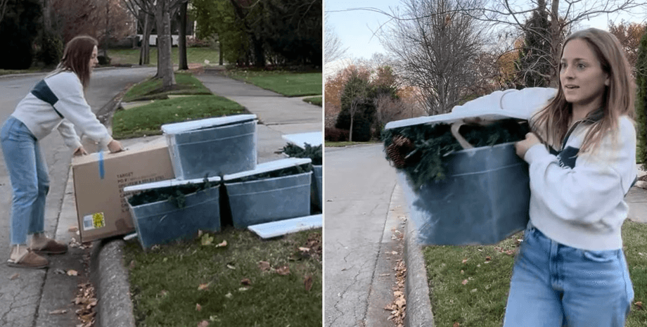 Клаудия фон Маллинкродт из США поднимает найденный на обочине контейнер с праздничным декором